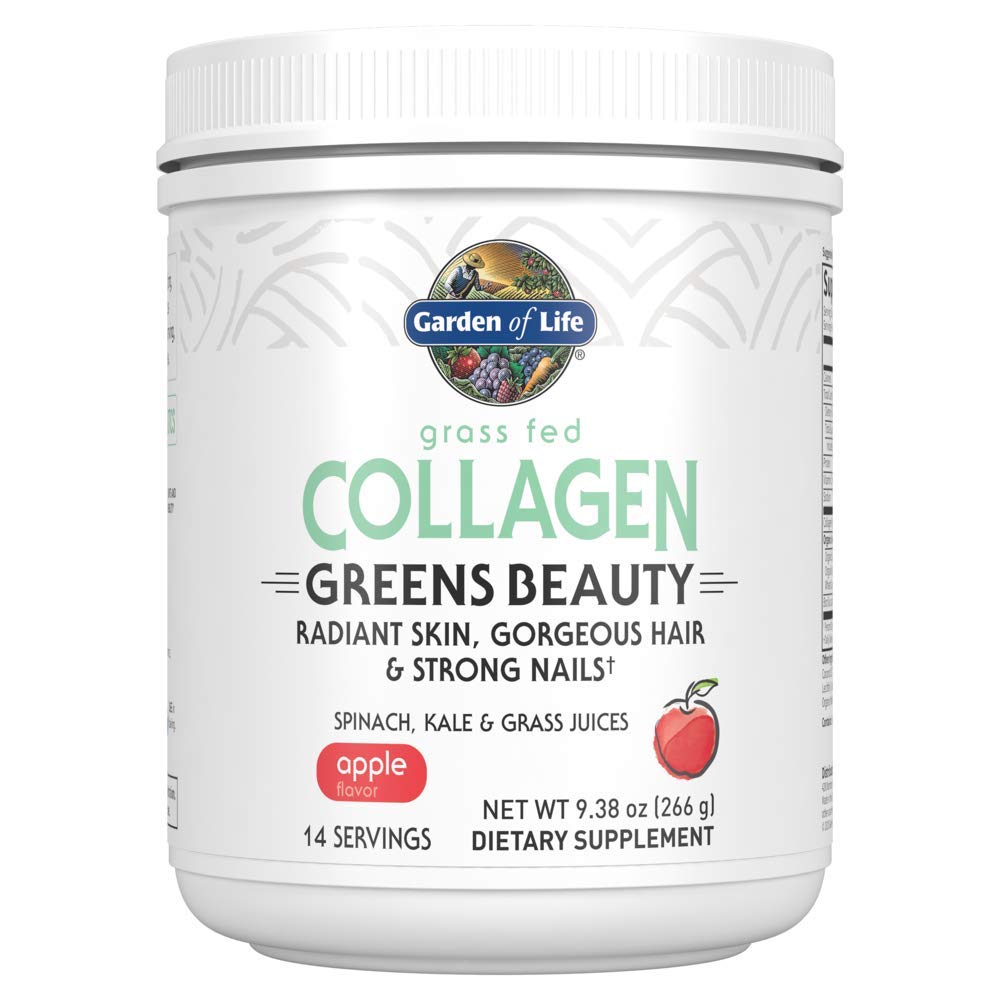 Garden of Life Grass Fed Collagen Greens Beauty Powder - Apple, 14 Servings, voor vrouwen huid haar Nagels Joints, Collagen Peptiden Powder + Proteïne + Greens Supplement