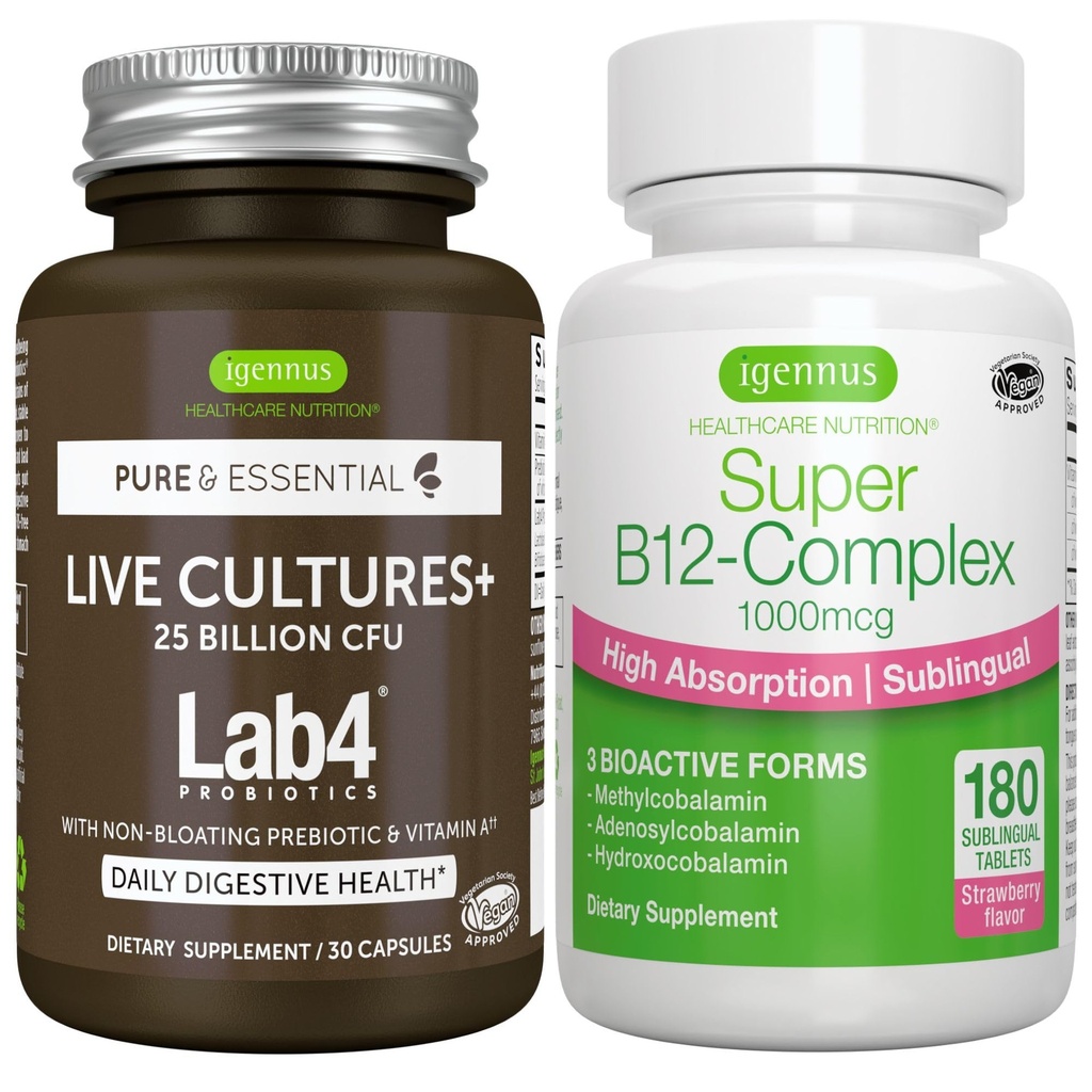 Levende culturen+ Lab4 Probiotica + Super B12-Complex, Vegan Bundle, 25 miljard CFU Lactobacillus Acidophilus en Bifidobacterium + Hoge Absorptie Sublingual B12, door Igennus