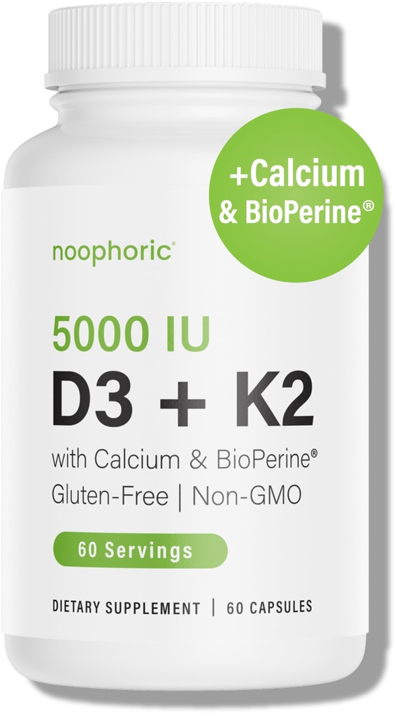 Noophoric D3 K2 Vitamine 5000 IE - Vitamine K2 100 mcg MK7, Calcium, BioPerine - Bone Health & Immune Support Supplement - Glutenvrije, niet-GMO - Vitamine D3 K2 Supplement (60 porties)
