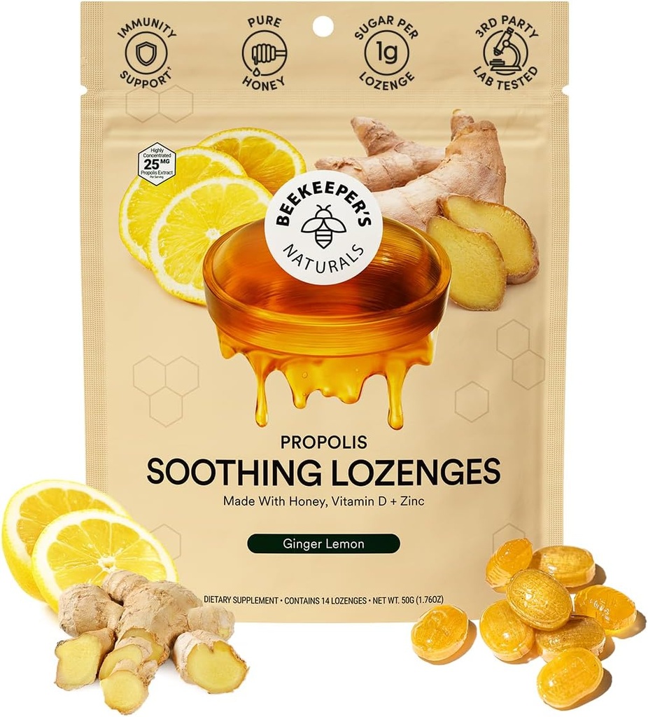 Bijenkeeper Naturals Soothing Honing Ginger Lemon Cough Drops - Immune Ondersteuning met vitamine D, Zink en Propolis Throat Soothing Lozenges, 14 Ct