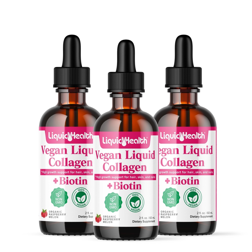 LIQUIDHEALTH 100% Vegan Collageen Plus Biotin 100.000mcg Liquid Drops - Plant-based Liquid Collages for Women & Men - Hair & Nail Growth, Skin Health, Boosts Metabolisme - Made in USA, Non-GMO (3 Pack)