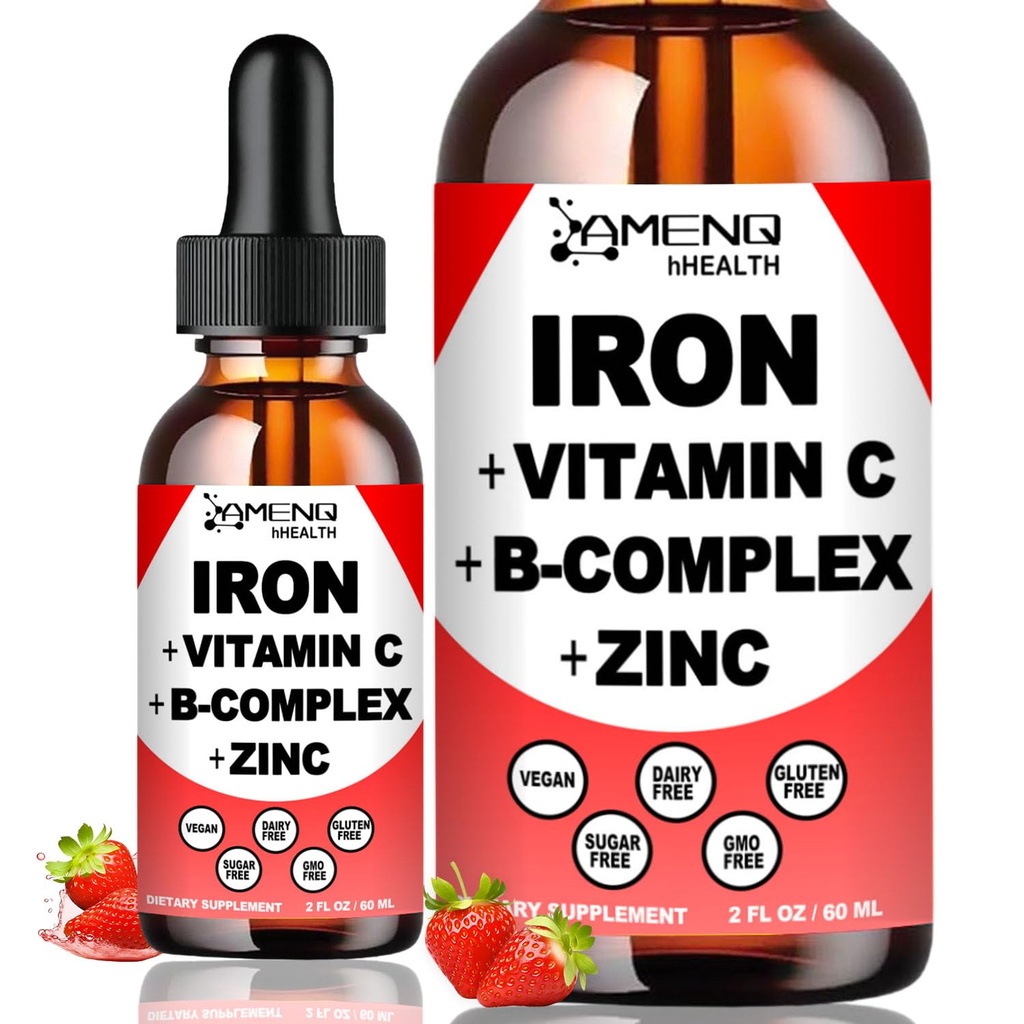 Liquid Iron Supplement w/Vitamine C, A, B-Complex, Vegan Iron Drops High Potency Liquid Vitamin & Iron Supplements for Women, Men & Children -Support Red Blood Cell, Energy, Anemia & Fatigue