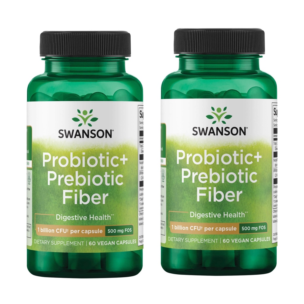 Swanson Prebiotic + Probiotic Fiber - Natural Supplement Promoting Digestive System & Immune Health Support - Aids Regularity & GI Tract Health - (60 Capsules, 500 miljoen CFU Each) (2 Pack)