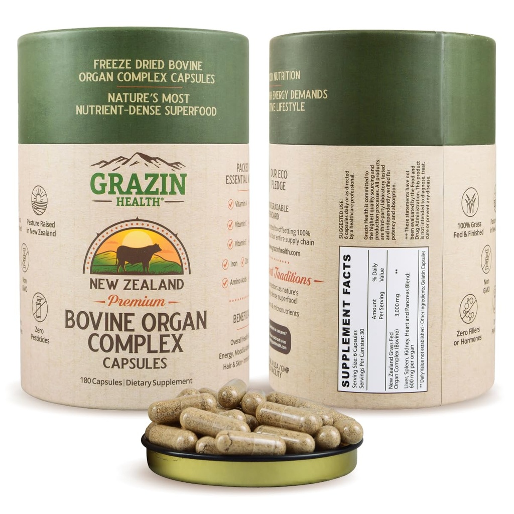 Gras Fed Bovine Organ Complex: lever, milt, nier, hart, pancreas (600 Mg per Organ per capsule), 3000 Mg per portie (30 porties)