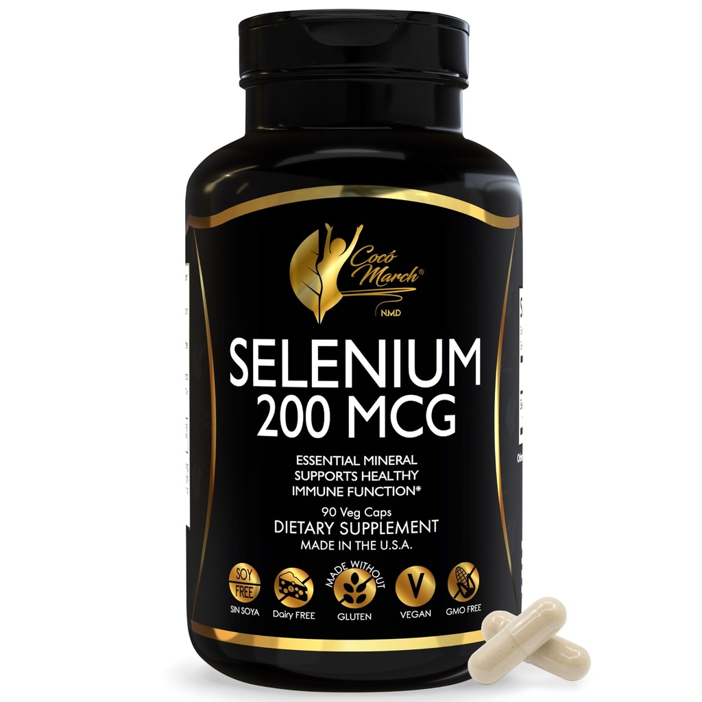 Cocó Mars N.M.D. Sélénium 200 mcg – Thyroïde et supplément de soutien immunitaire – Minéraux essentiels pour le métabolisme et la défense antioxydante – Sans gluten, sans lait et végétalien – 3 mois d'approvisionnement, 90 capsules de veg