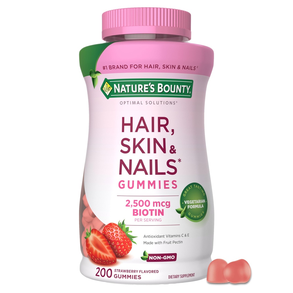 Nature's Bounty Optimal Solutions Cheveux, peau et ongles Pectin Gommies, 2500 mcg Biotin Par service, Pas de bâton Gommy, Formule végétarienne, Fraise Flavor, 200 compte, 100 Total des services