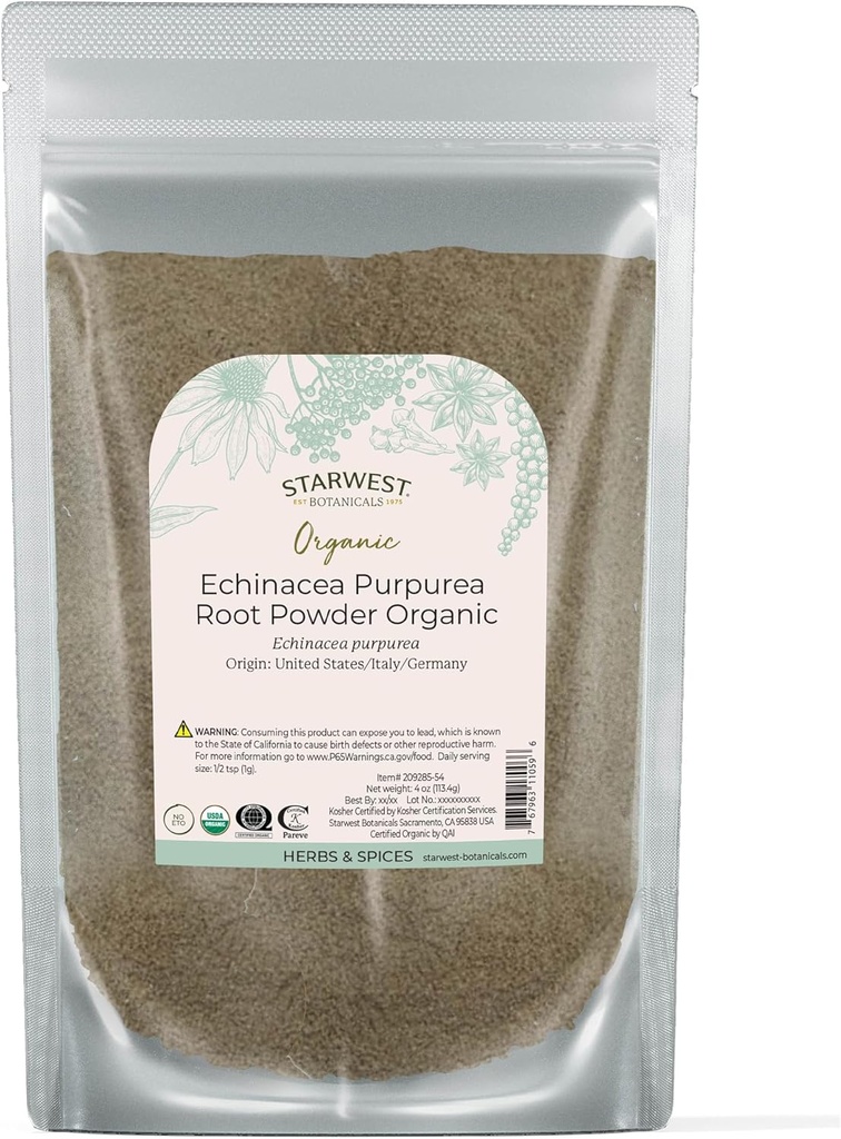 Starwest Botanicals Gedroogde Echinacea Purpurea Root Powder Organic - Losse kruiden voor thee, Tinctures, & Natural Herbal Blends, Pure Purple Cooneflower, Certified Kosher, Non-GMO - 4 oz Pouch