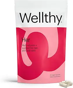 Wellthy Multivitamine vegan quotidienne pour femmes, ingrédients naturels pour les cheveux, la peau et les ongles sains avec des micronutriments essentiels (30 jours)