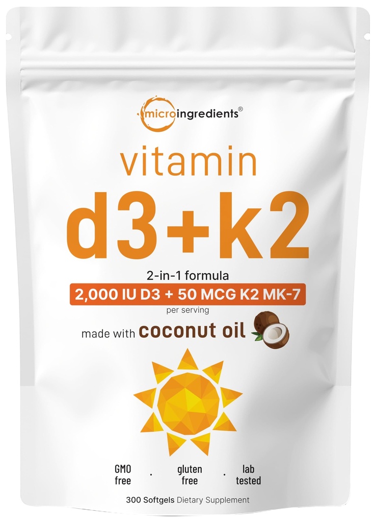 Micro-Ingrediënten Vitamine D3 2.000 IE + K2 MK-7 50 mcg, 300 Softgels 