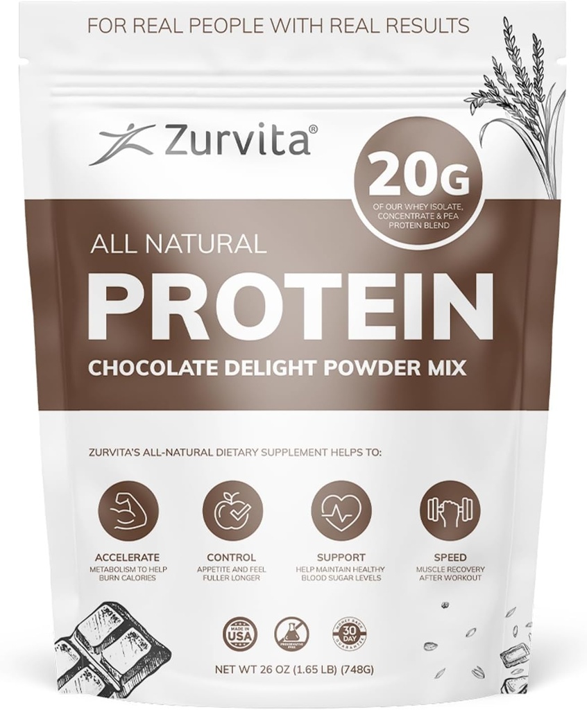 Zurvita - Chocolate Delight Proteïne Poeder - 20g Proteïne, Probiotica, 24+ Vitaminen en Mineralen - Geen kunstmatige zoetstoffen - 26oz (20 porties)