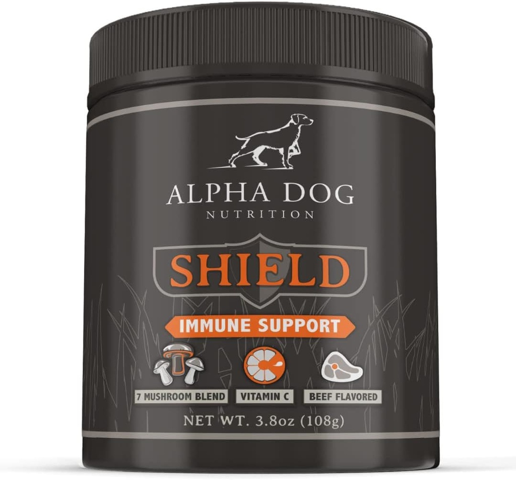 Shield Allergie Immune Support Supplement voor honden door Alpha Honden Voeding - 7 Nutritional Mushroom Powder Complex + Vitamine C to Boost Immunity - Tot 120 porties voor kleine honden, 108g