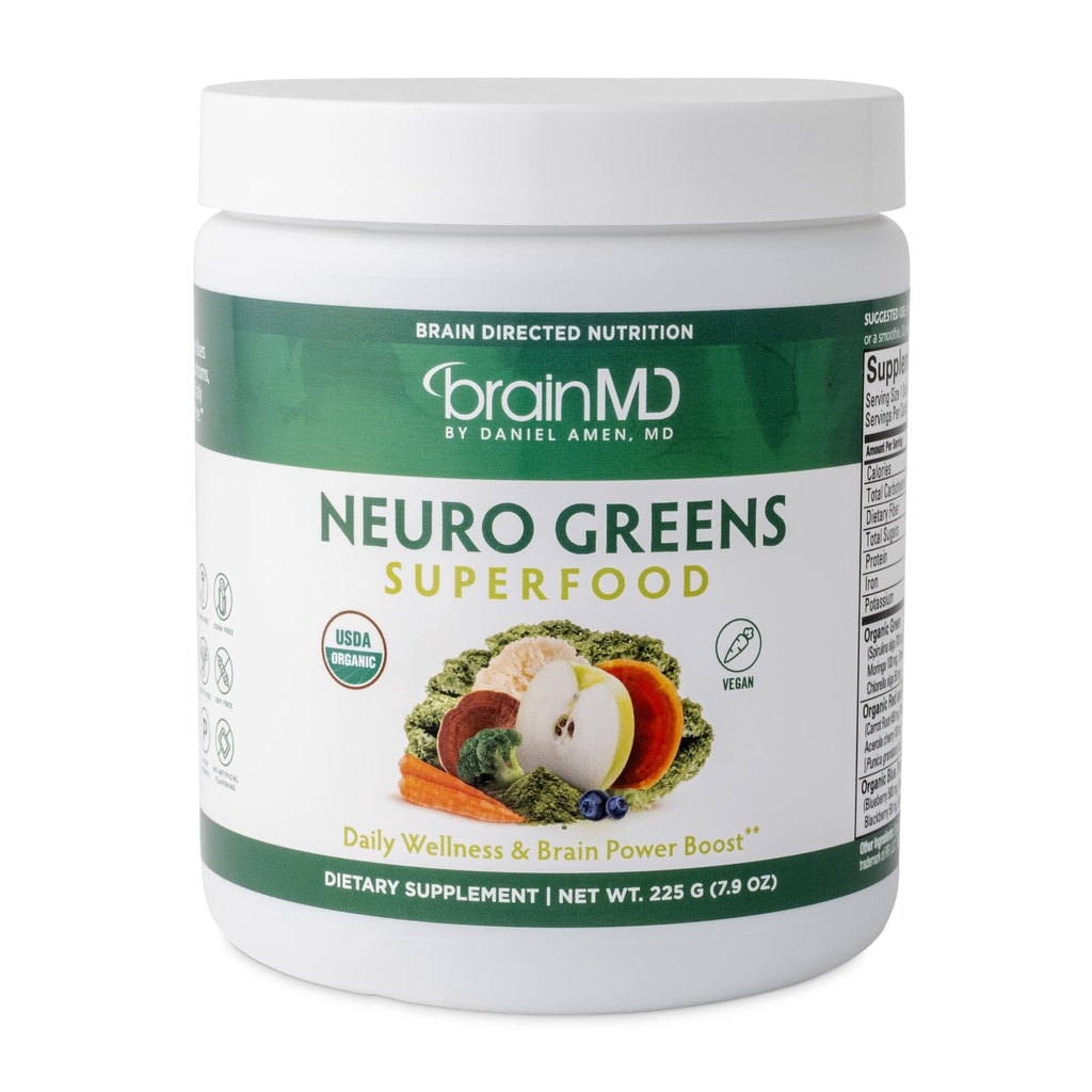 BRAINMD Dr Amen Neuro Greens Superfood - 7,9 oz - Soutient le bien-être, la digestion et la santé du cerveau - Sans gluten - 30 portions