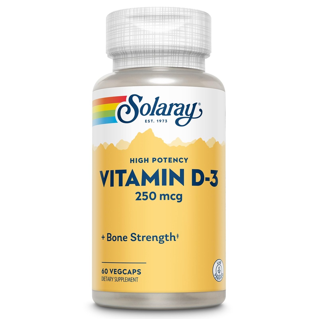 SOLARAY Vitamine D3 10000IE (250 mcg) - Vitamine D met hoge sterkte - met VIT D3 als Cholecalciferol - Sterke botten en Immuun Ondersteuning Supplement - 60 dagen garantie, 60 porties, 60 VegCaps
