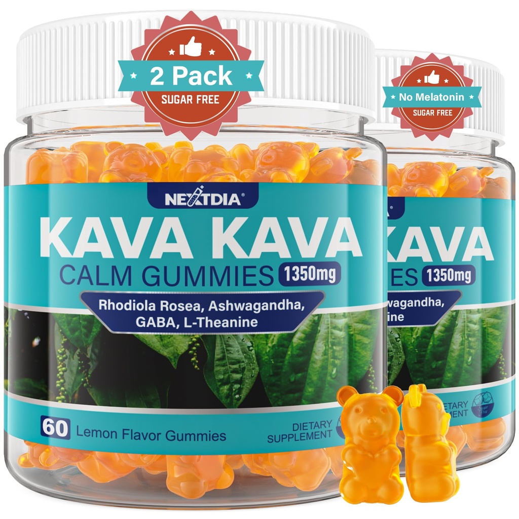 Gommies Kava Kava, sans sucre Gommies calmes w/Rhodiola Rosea, Ashwagandha, L-Theanine, GABA, mélange Kava sans mélatonine pour la relaxation, calme et focus - Alternative aux capsules de poudre de Kava, végétalien 120 Ct