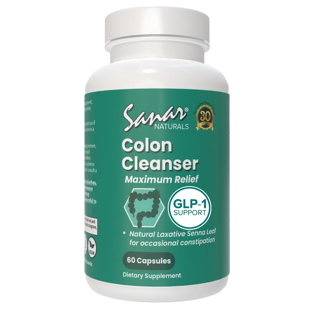 Sanar Naturals Colon Cleanser Max Relief - Senna Leaf Soft Laxative - GLP-1 Ondersteuning - Ondersteunt Detox Reiniging en Gut Health, Digestieve Ondersteuning Supplement voor vrouwen & Mannen, 60 Capsules