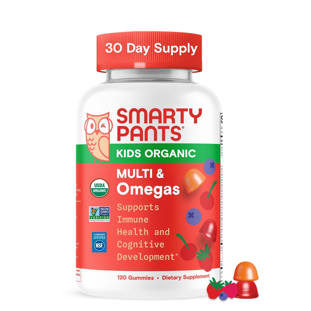 SmartyBants Biologische Kids Multivitamine Gummies: Omega 3 (ALA), Vitamine D3, C, Vitamine B12, B6, A, K & Zink voor Immune Support, Biotine, Vegetarisch, Drie Fruit Smaken, 120 Tellen (30 Dagen Levering)