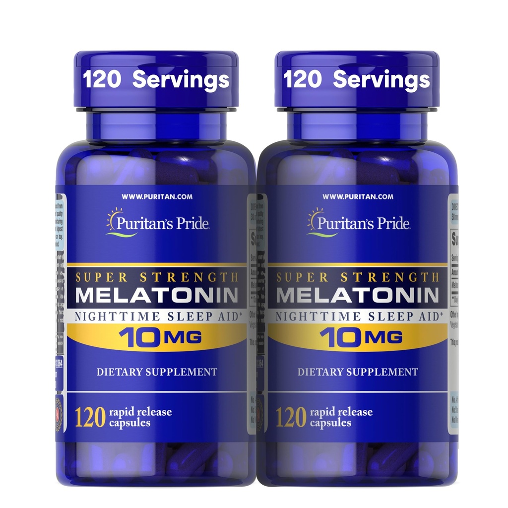 Puritan's Pride Premium Super Strength Melatonin 10mg aide au sommeil, complément alimentaire pour le son, le repos et le sommeil plus long, 4 mois d'approvisionnement, 120 capsules à libération rapide, 2 packs (emballage mai Varier)