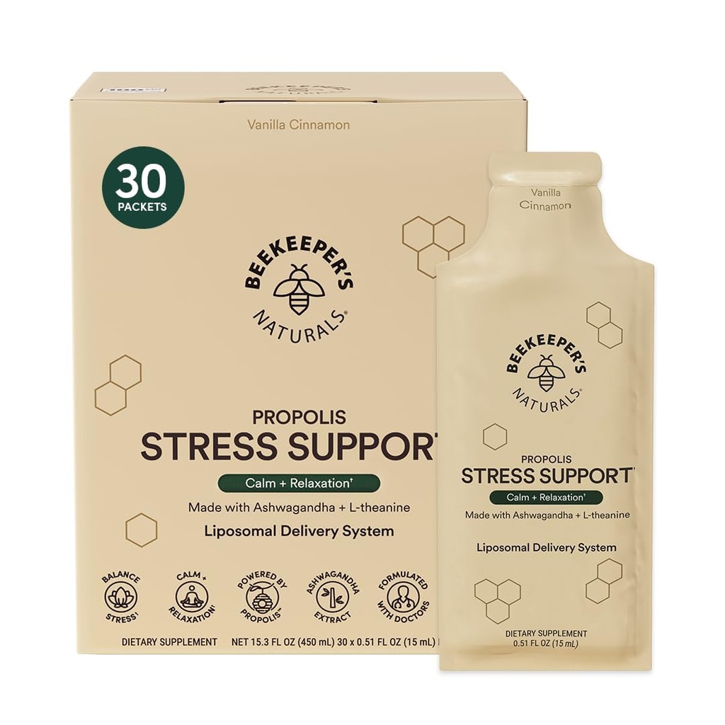 Ashwagandha Liposomal Stress Support by Beekeeper's Naturals, 600mg with Propolis, L-Theanine, Anti-Stress Ondersteuning voor Kalm & Relaxation, 30ct