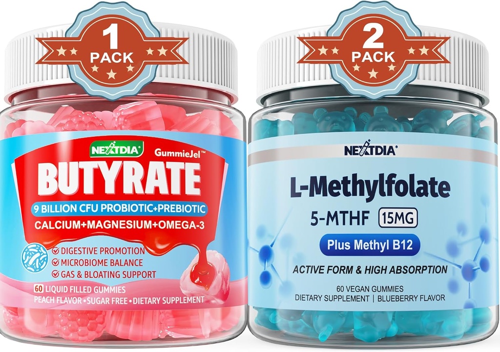 Butyrate avec Probiotique + Prébiotique + Postbiotique, L-MéthylFolate 15mg Gummies
