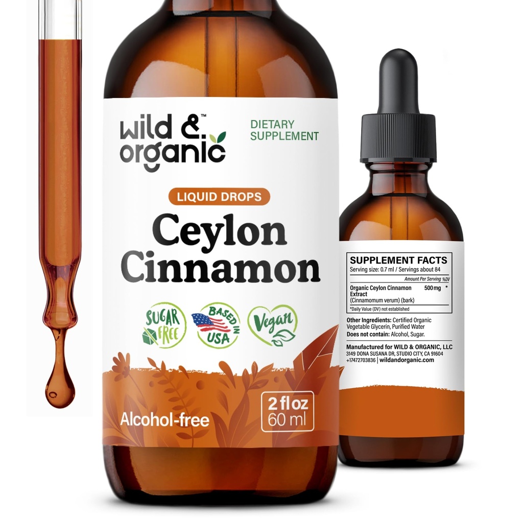Wild & Organic Ceylon Cinnamon Extract Liquid Drops 500mg - Liquid Cinnamon Supplementen voor algemene ondersteuning - Cinnamomum Verum Bark Tinctuur - Vegan, Sugar & Alcohol-Free, Non-GMO - 2 fl oz