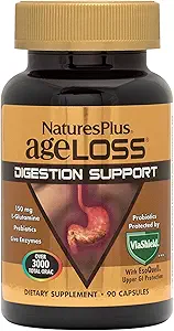 Natures Plus AgeLoss Support Digestion - 90 Capsules - Prébiotiques, enzymes vivantes et 150 mg L-Glutamine - Sans gluten - 30 portions