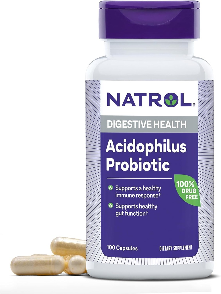 Natrol Acidophilus Probiotic 100 mg, Dieetsupplement voor gezonde darmfunctie, Digestieve Health Capsules voor volwassenen, 100 capsules, Tot een 33 dagen durende levering