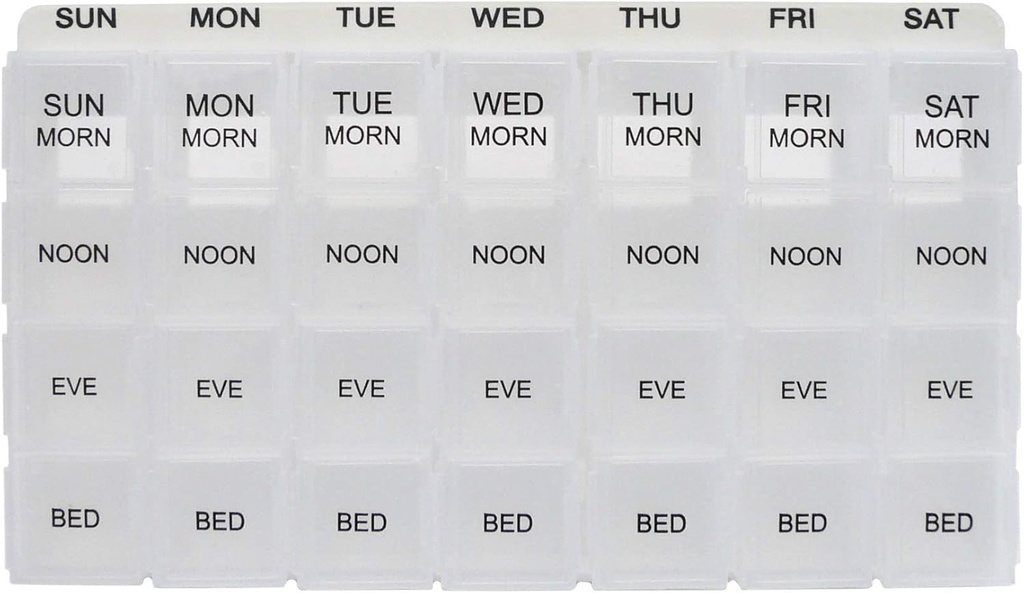 ProMed Weekly 4 keer Dagelijkse 7 dagen pil Organisator voor Medicijnen, Vitaminen en Supplementen Ergonomische Pill Case met Verwijderbare Duidelijke Compartimenten . BPA-Free & Medical-Grade Plastic