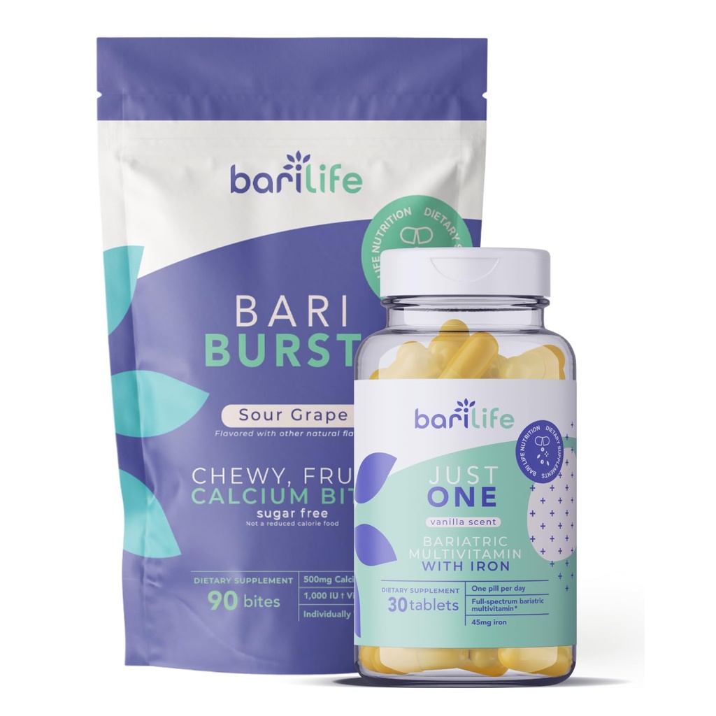 Bari Life Just One, Once Daily Bariatric Multivitamine with Iron (30 Tablets) and BariBurst Calcium Citrate Soft Chews for Gastric Bypass, Gastric Sleeve and Duodenal Switch (Sour Grape)
