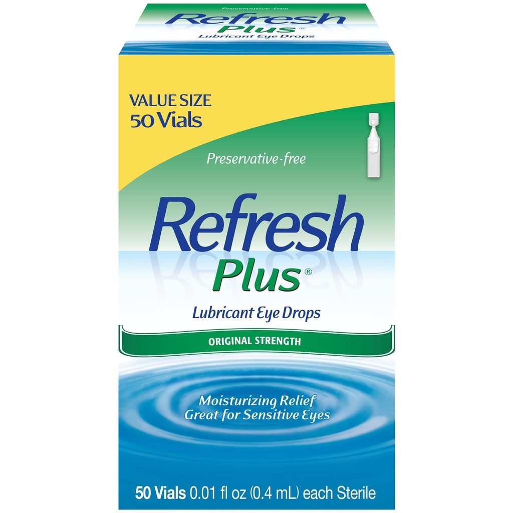 Refresh Plus Lubricant Eye Drops, Conservative-Free, 0,01 Fl Oz Containers voor eenmalig gebruik, 50 Tel, Verpakking mei Vary
