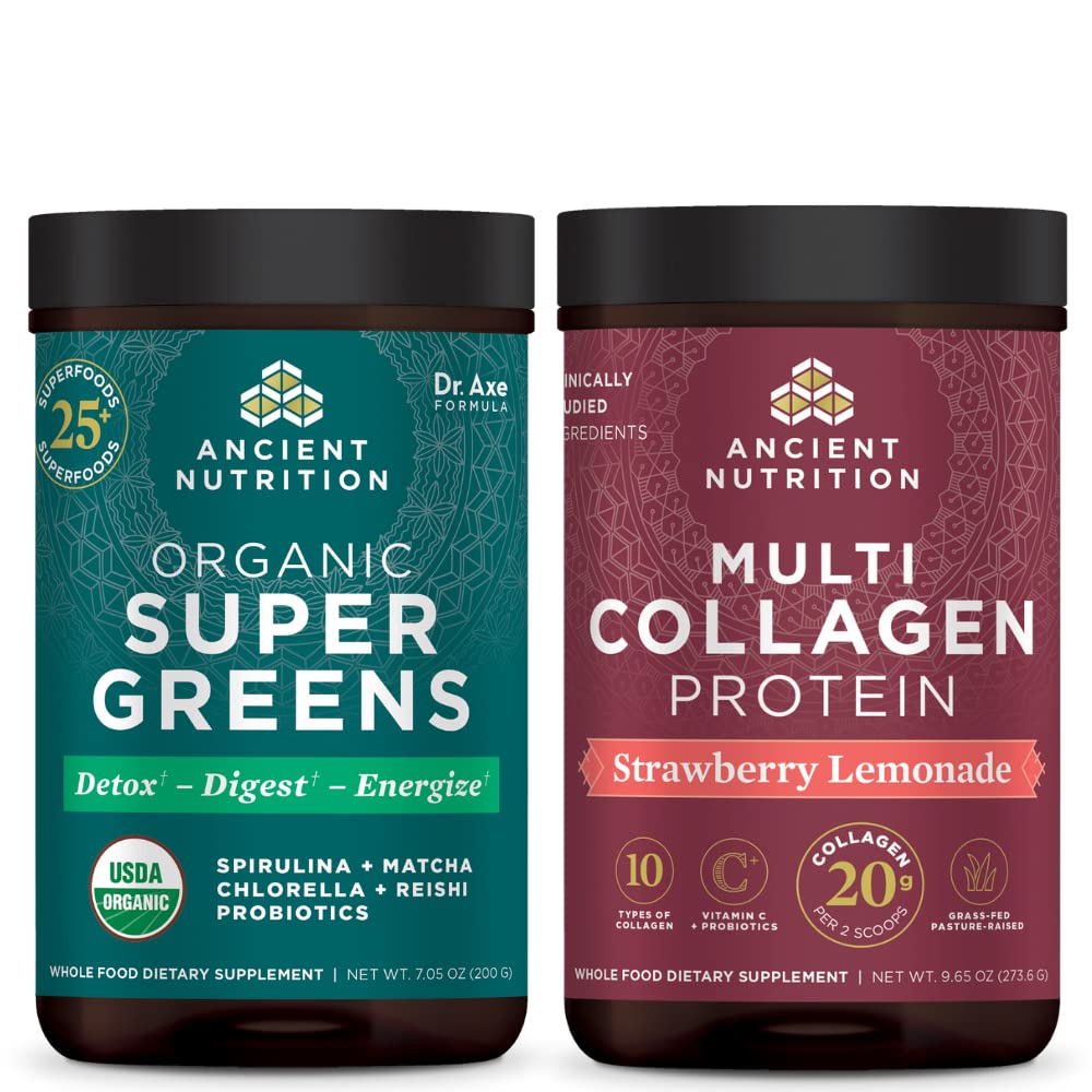 Alimentation ancienne Supergreens bio Poudre, Verts Arôme, 25 portions + poudre protéinée multicollagène, limonade de fraise, 24 portions
