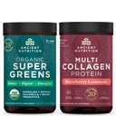 Alimentation ancienne Supergreens bio Poudre, Verts Arôme, 25 portions + poudre protéinée multicollagène, limonade de fraise, 24 portions
