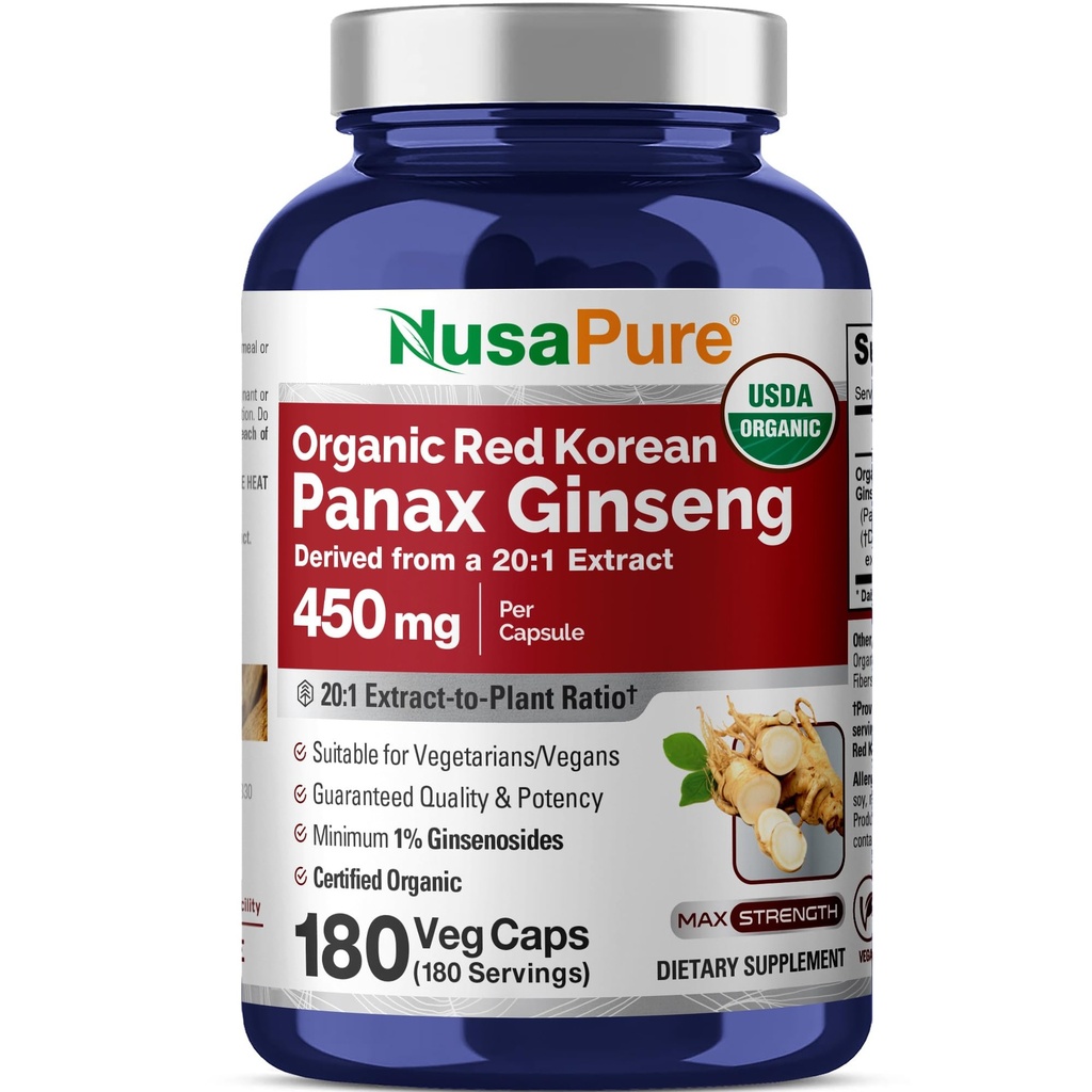 NusaPure Rouge Coréen Panax Ginseng 20:1 Extrait, 450 mg Équivalent à 9 000 mg 180 Veggie Caps (USDA Organic, Non-GMO, Vegan, Végétarien, Bioperine)