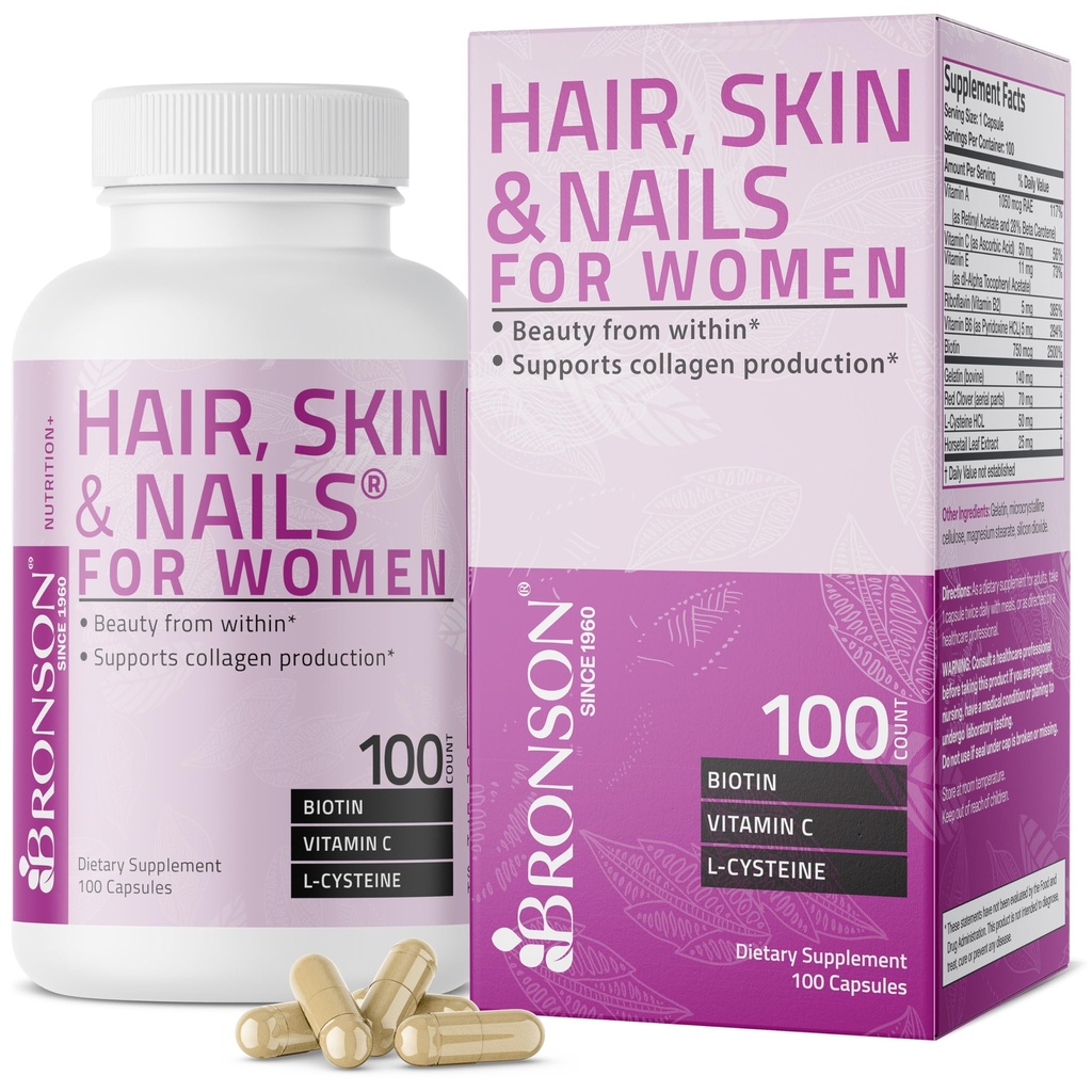 Bronson Hair, Skin & Nails met Biotin Extra Sterkte Vitamine Supplement voor vrouwen, 100 Capsules