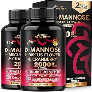 D-Mannose 2000mg met Cranberry 500mg & Hibiscus - Klinisch geteste sterkte voor urinetrek gezondheid - Supplement voor vrouwen - Blaas, lever en Microflora Ondersteuning - Made in USA - Vegan, Pack of 2