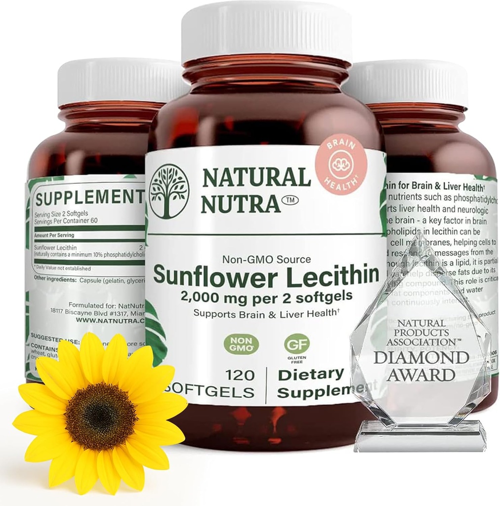 Natural Nutra Sunflower Lecithin 2000 mg Supplement, Ondersteunt Borstvoeding moeders met Plugged Milk Duct Relief, Lever & Brain Health Booster, Soy Free, Non-GMO, Gluten-Free, 120 Softgels (3 Pack)