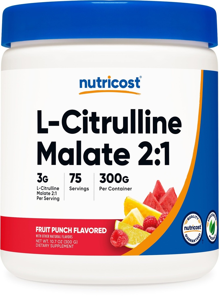 Nutricost L-Citrulline Malate 2:1 (300g) Punch Fruit - Support d'entraînement, Performance musculaire, Booster d'oxyde nitrique - Supplément de fitness en poudre, 75 portions