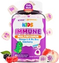 Kinderen Multivitamine + Immuun Ondersteuning Gummies, Vitamine C D3 & Zink, Omega-3, A, E, Vlierbes, Kids Vitamine Gummies voor gezonde ontwikkeling, Immuniteit, Botgroei & Ooggezondheid, Suikervrij, 60 Ct