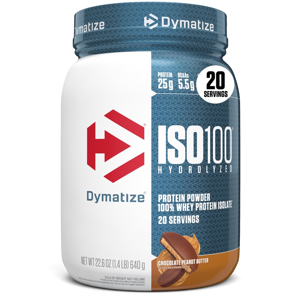 Dymatiser la poudre de protéines de lactosérum ISO100, beurre d'arachide au chocolat, 25g de protéines, 5,5g BCAA, moins de 120cal, sans gluten, 1g de gras, 1g de sucre, 2g de glucides (20 portions)