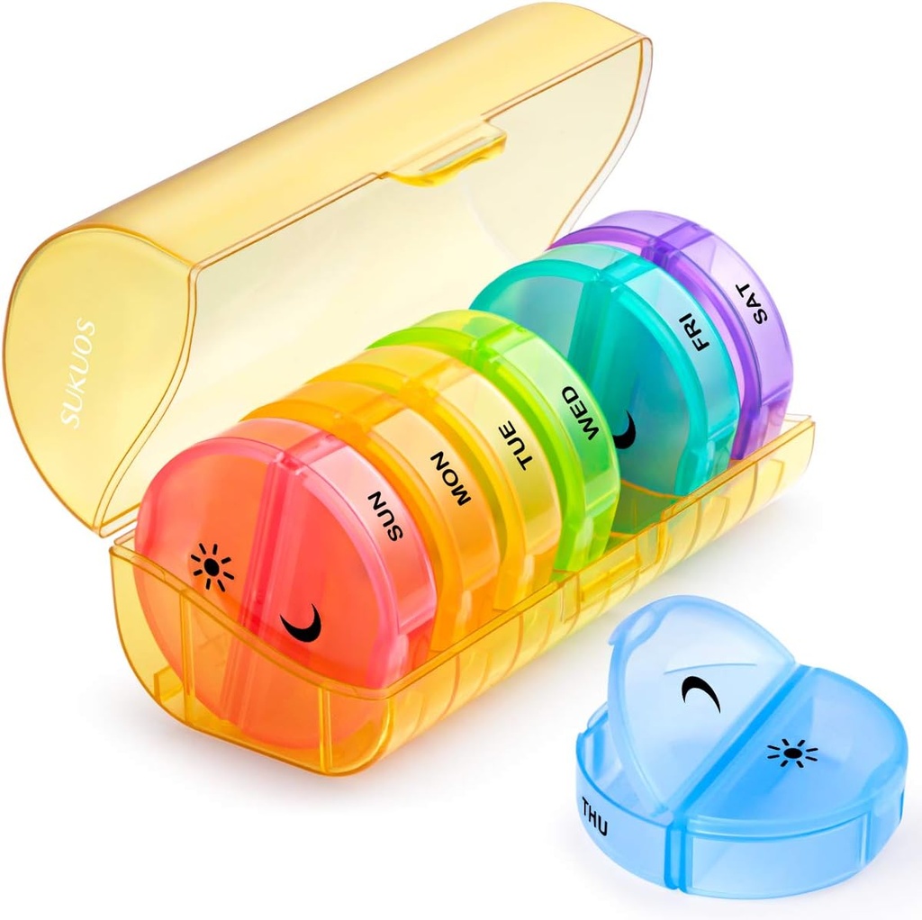 Sukuos Large Weekly Pill Organizer 2 keer per dag, Dagelijkse Pill Box 7 Dag Gemakkelijk te openen met dubbele bescherming, AM PM Pill Case voor Medicine/Vitamine/Vish Oil/Supplements (Geel)