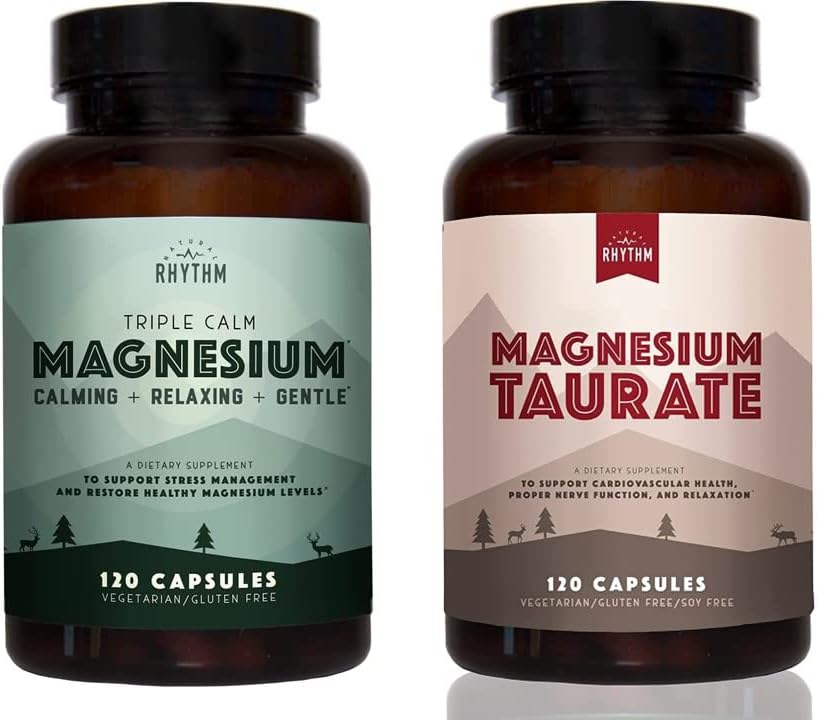 Natural Rhythm Day & Night Bundle - Triple Calm Magnesium 150mg, 120 Capsules + Magnesium Taurate 750mg (150mg Elemental Magnesium) 120 Capsules