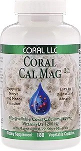 Cal-Mag coral - Biodisponible Calcium coral au magnésium dans un rapport 2:1 et 1200 unités internationales de vitamine D3-180 Capsules végétariennes