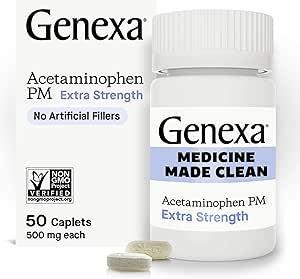 Genexa Clean Acetaminophen PM 500mg Extra sterkte, Verf Vrije Pijn Reliever, Nacht slaaphulp, Koortsreducer, 0% Kunstmatige Additieven, Verlicht Hoofdpijn, Rugpijn, Kleine Artritis Pijn, 50 tabletten