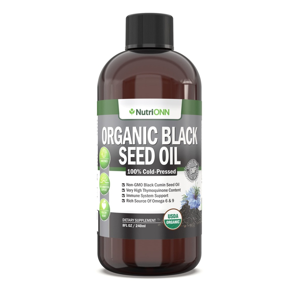 Huile de graines noires biologique - USDA Certifié Huile de graines de cumin noir biologique liquide – haute teneur en thymoquinone – non-OGM et pressé à froid – riche source d'acides gras oméga-6 et oméga-9 - 8 Oz