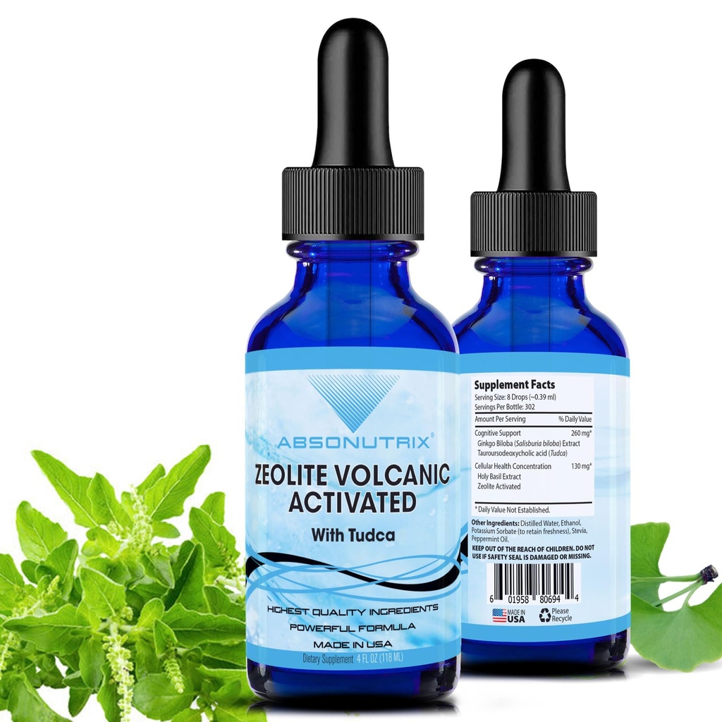 Absonutrix Zeolite Volcanic activé avec Tudca Advanced Formula 390 mg, 4 Oz Liquide, 302 portions, Fabriqué aux États-Unis, Absorption rapide,Non-OGM, Établissement certifié GMP, Produits sans cruauté