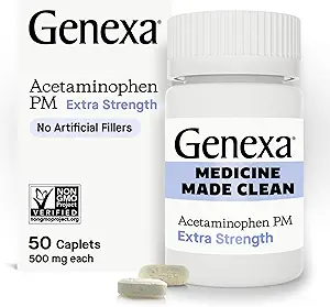 Genexa Clean Acetaminophen PM 500mg Extra sterkte, Verf Vrije Pijn Reliever, Nacht slaaphulp, Koortsreducer, 0% Kunstmatige Additieven, Verlicht Hoofdpijn, Rugpijn, Kleine Artritis Pijn, 50 tabletten
