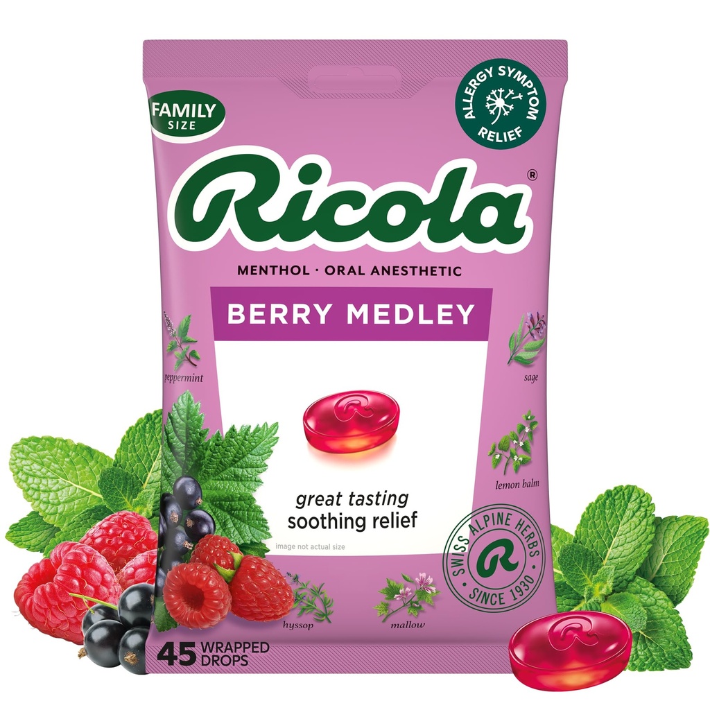 Ricola Berry Medley Throat Drops, 45 Comte, Delicious Throat Relief & Care, Anesthésie orale, naturellement aromatisée