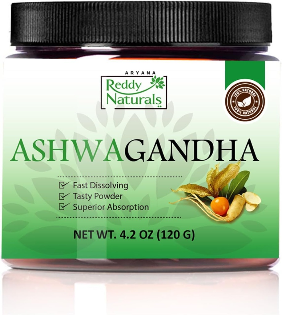 Reddy Naturals Aryana Pure Organic Ashwagandha Powder - High-Potency Root Extract met 10% Withanolides - Natural Orange Flavor for Stress & Energy Support - 4.2 OZ (120g)