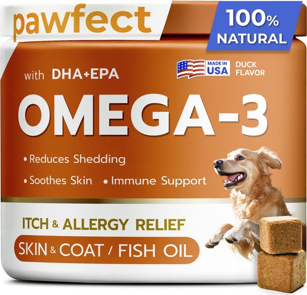 PAWFECTCHEW Visolie Omega 3 voor honden - Allergie Verlichting - Gezamenlijke gezondheid - Itch Relief, Shedding - Huid en jas Supplement - Alaska zalmolie Kauwen - Omega 3 6 9 - EPA & DHA vetzuren