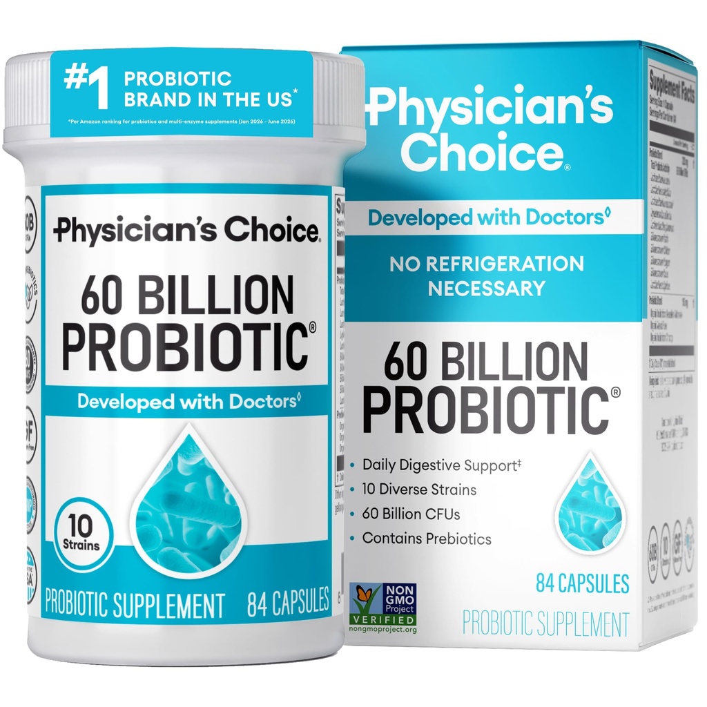 CHOIX du médecin Probiotiques 60 milliards CFU - 10 souches + Prébiotiques organiques - Santé immunitaire, digestive et gorgée - Soutien à la constipation occasionnelle, à la diarrhée, au gaz et au blottis - pour les femmes et les hommes - 84ct