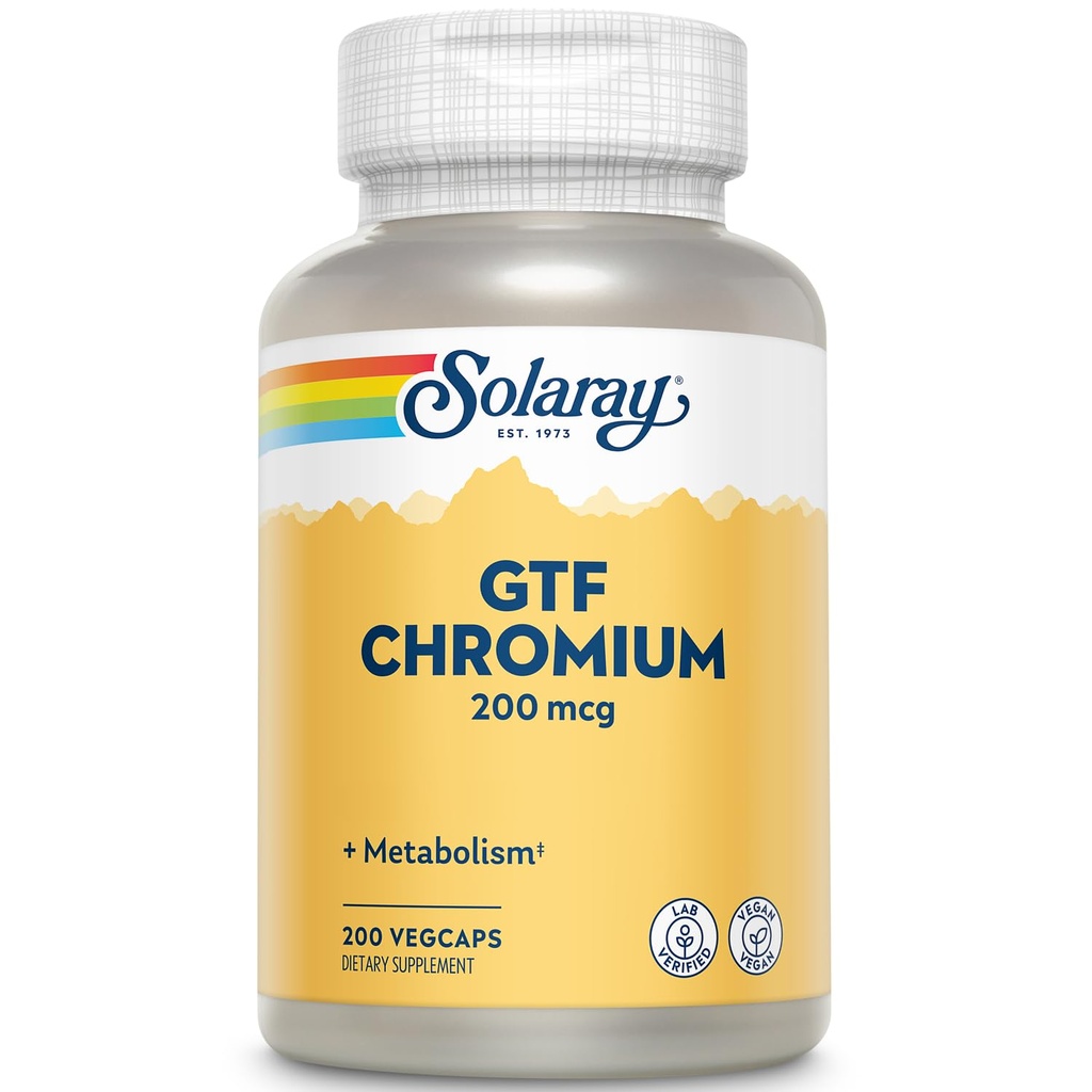 Solaray GTF Chrome 200mcg - Pure Chrome GTF 200 mcg Supplément, soutient la fonction métabolique et la santé du corps entier pour les hommes et les femmes - 200 Capsules Vegan